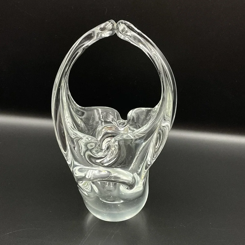 Vintage Hand Blown Art Glass Basket Clear Split Handle Basket Vase‎